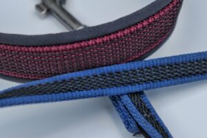Nahaufnahme von zwei Hundeleinen aus gummiertem Gurtband in Blau und Bordeaux, mit rutschfester Struktur für besseren Halt.