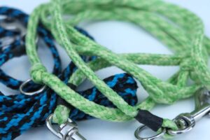 Nahaufnahme von zwei Hundeleinen aus geflochtenem PPM-Material in Grün und Blau-Schwarz mit Karabinerhaken.