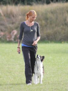 Hundehalterin beim Hundetraining auf der Wiese mit Border Collie – sportliche Kleidung mit Langarmshirt und Funktionshose