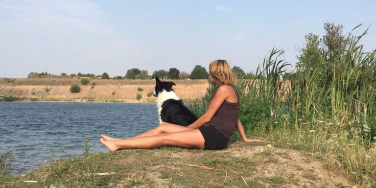 Hundehalterin in sommerlicher Kleidung mit Border Collie am Seeufer – Gassipause bei Hitze