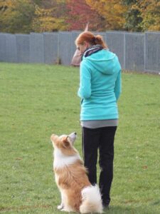 Hundehalterin in mehreren Kleidungsschichten mit Hund auf dem Trainingsplatz – passend gekleidet für kühle Herbsttage