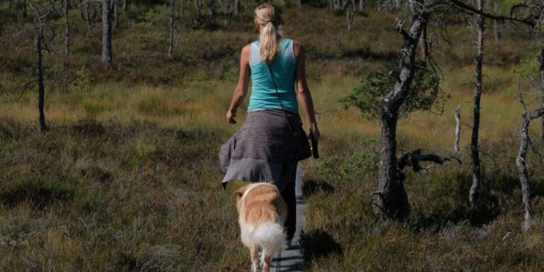 Hundehalterin mit Tanktop und Hund auf schmalem Waldsteg – sommerliche Gassirunde im Outdoor-Gelände