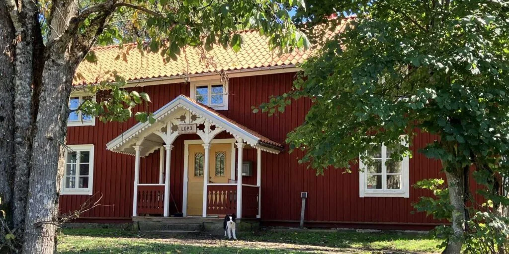 Rotes Holzhaus in Schweden mit Hund vor der Haustür – Beispiel für hundefreundliche Unterkunft im Urlaub
